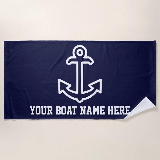 Personalised Navy Blue Boat Anchor Beach Towel (Front)