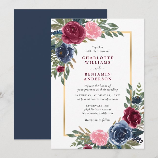 Personalised Navy Blue Burgundy Gold Floral Invitation (Front/Back)