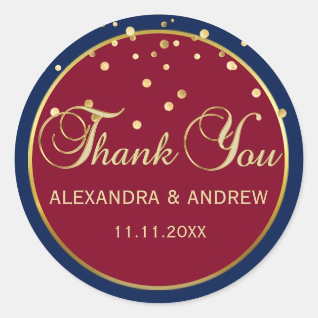 Personalised NAVY BLUE & BURGUNDY Gold Wedding Classic Round Sticker (Front)