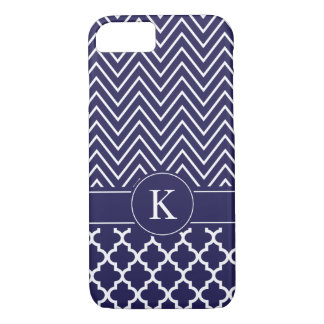Personalised Navy Blue Chevron Quatrefoil Pattern iPhone 8/7 Case