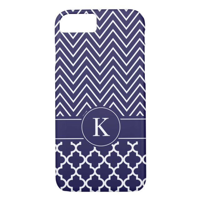Personalised Navy Blue Chevron Quatrefoil Pattern Case-Mate iPhone Case (Back)