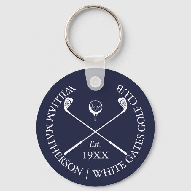 Personalised Navy Blue Classic Golf Club Name Key Ring (Front)