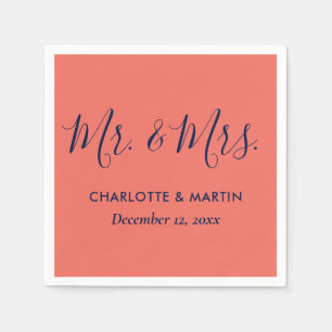 Personalised Navy Blue Coral Mr. and Mrs. Wedding Napkin