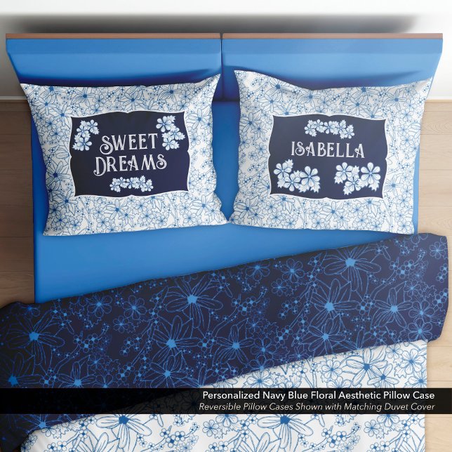 Personalised Navy Blue Floral Aesthetic Pillowcase (Reversible Navy Blue Floral Aesthetic Pillow Case–Personalized with Your Name.)