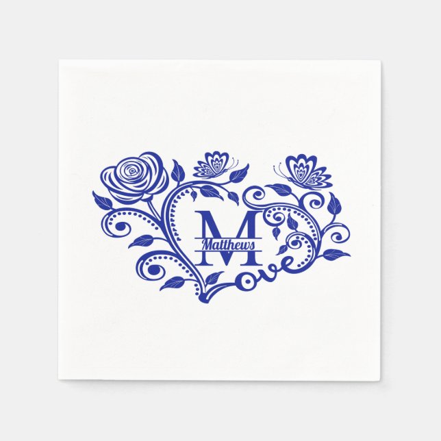 Personalised Navy Blue Floral Monogram M Napkin (Front)