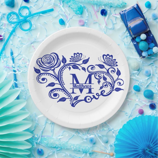 Personalised Navy Blue Floral Monogram M Paper Plate (Party)