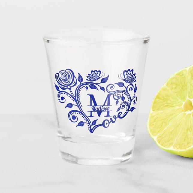 Personalised Navy Blue Floral Monogram M Shot Glass (Front)