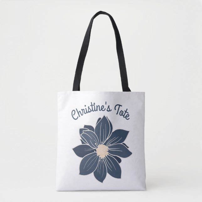 Personalised Navy Blue Flower Tote Bag (Front)