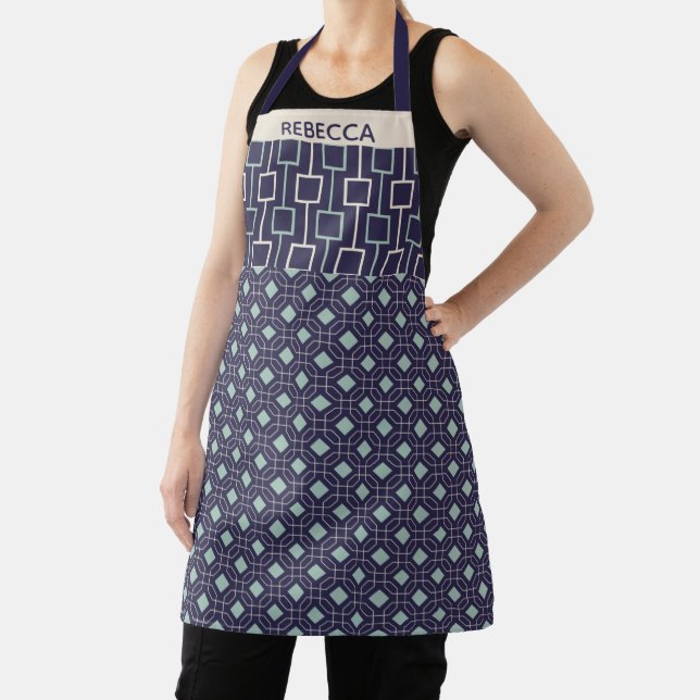Personalised Navy Blue Geometric Pattern Modern Apron (Insitu)
