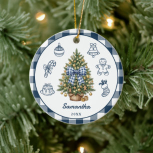 Personalised Navy Blue Gingham Bow Christmas Ceramic Tree Decoration