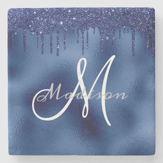 Personalised Navy Blue Glitter Monogram Custom Stone Coaster (Front)