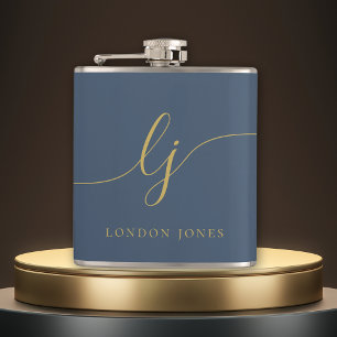 Personalised Navy Blue Gold Bachelorette Hip Flask