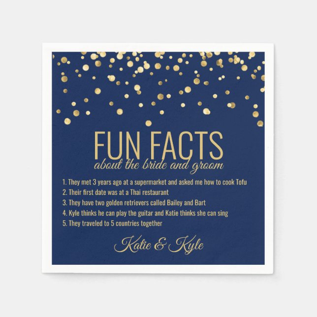 Personalised NAVY BLUE Gold Confetti FUN FACTS Napkin (Front)