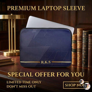 Personalised Navy Blue & Gold Lightning Monogram Laptop Sleeve