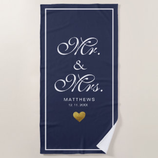 Personalised navy blue gold love Heart mr and mrs Beach Towel