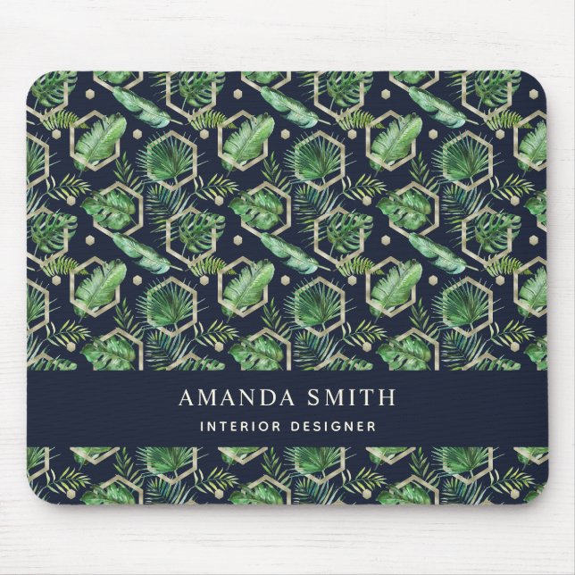 Personalised Navy Blue Gold Palm Leaves Botanical Mouse Mat (Front)