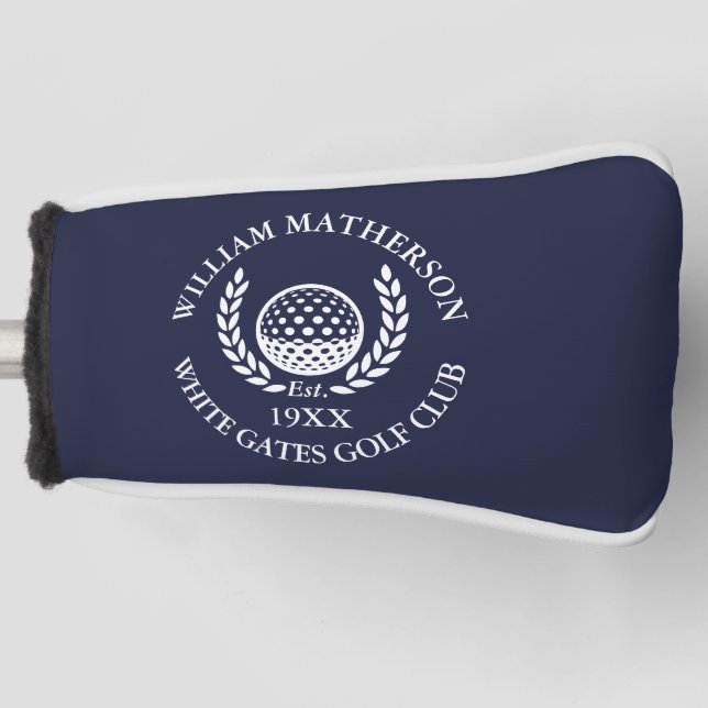 Personalised Navy Blue Golf Club Name Golf Head Cover (Front)