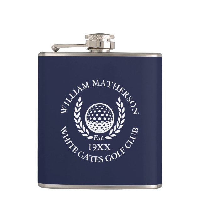 Personalised Navy Blue Golf Club Name Hip Flask (Front)