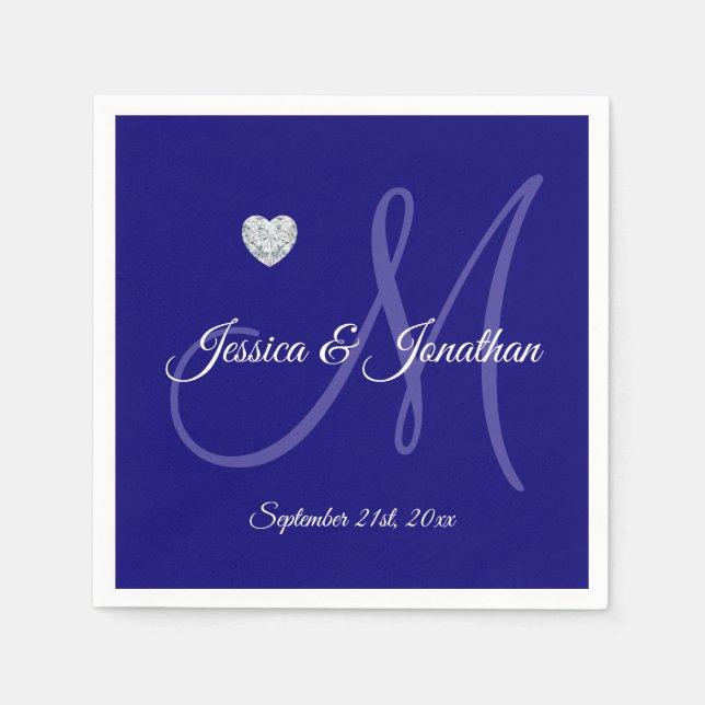 Personalised NAVY BLUE Heart Monogrammed Wedding Napkin (Front)