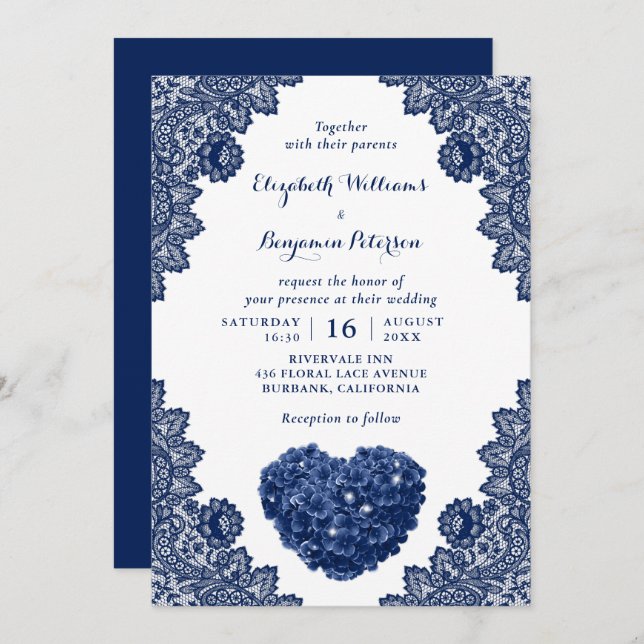 Personalised Navy Blue Lace Hydrangea Wedding Invitation (Front/Back)