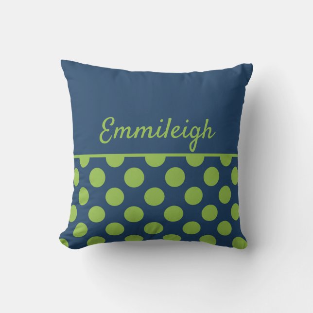 Personalised Navy Blue Lime Green Polka Dots Cushion (Front)