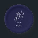 Personalised Navy Blue Monogram Wedding Paper Plate<br><div class="desc">Add a personal touch to your wedding celebration with these navy blue paper plates featuring a large brush script monogram with two initials,  and the couple's name and wedding date below in elegant sans serif font. Perfect for serving snacks,  desserts,  and other treats to your guests.</div>