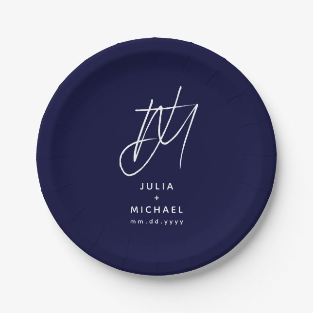 Personalised Navy Blue Monogram Wedding Paper Plate (Front)