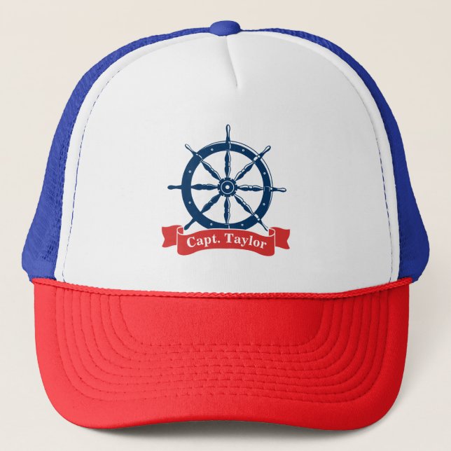 Personalised, navy blue nautical navy ship wheel, trucker hat (Front)