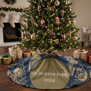 Personalised Navy Blue Nutcracker family name Faux Linen Tree Skirt