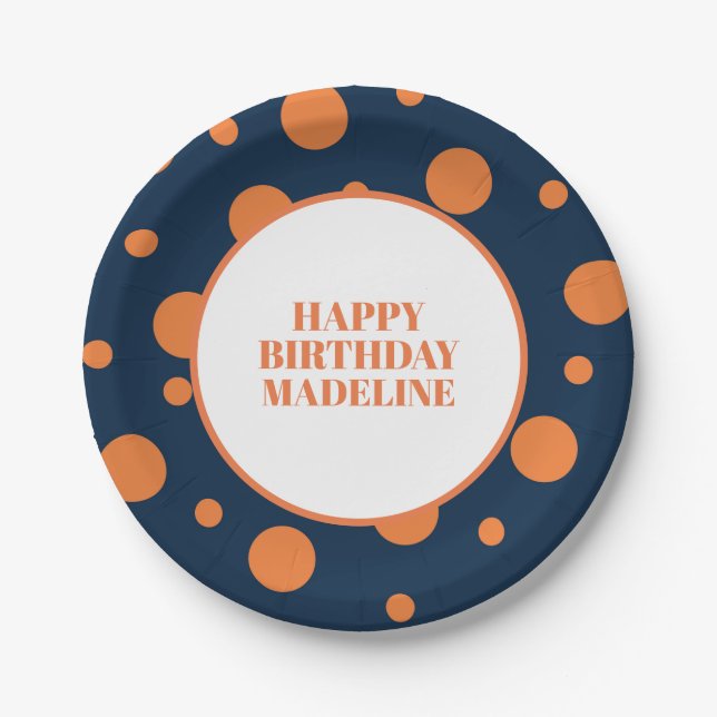 Personalised Navy Blue Orange Polka Dot Birthday Paper Plate (Front)