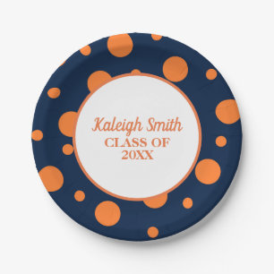 Personalised Navy Blue Orange Polka Dot Graduation Paper Plate