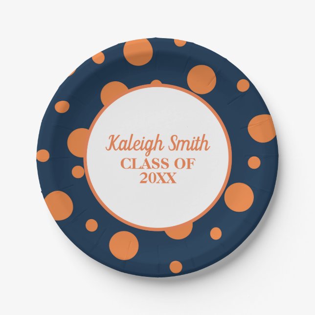 Personalised Navy Blue Orange Polka Dot Graduation Paper Plate (Front)