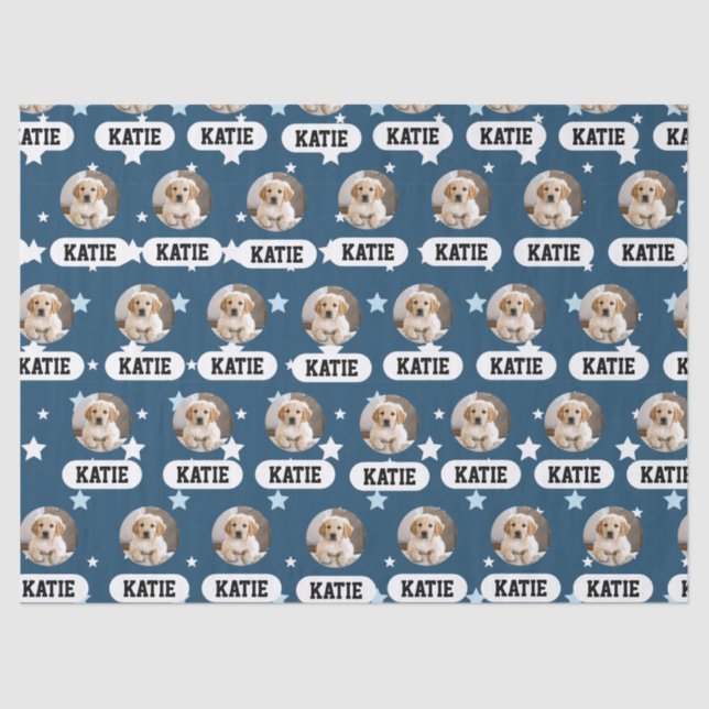 Personalised Navy Blue Pet Photo Star Pattern Tissue Paper (Front)