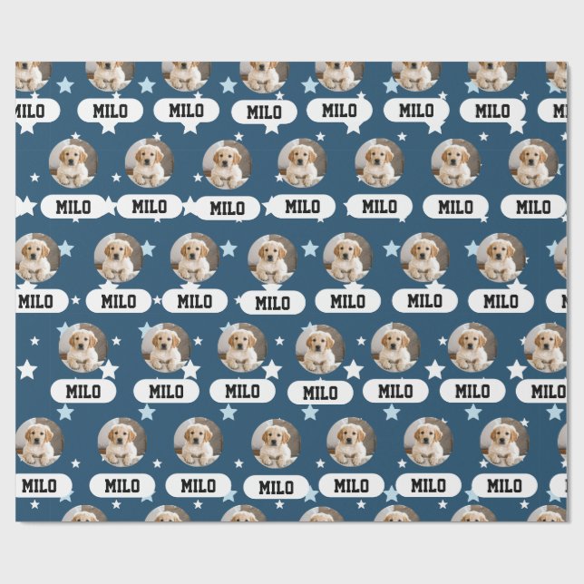 Personalised Navy Blue Pet Photo Star Pattern Wrapping Paper (Flat)