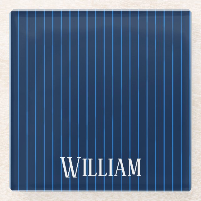 Personalised navy blue pinstripes glass coaster (Front)