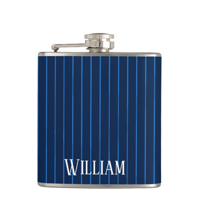 Personalised navy blue pinstripes hip flask (Front)