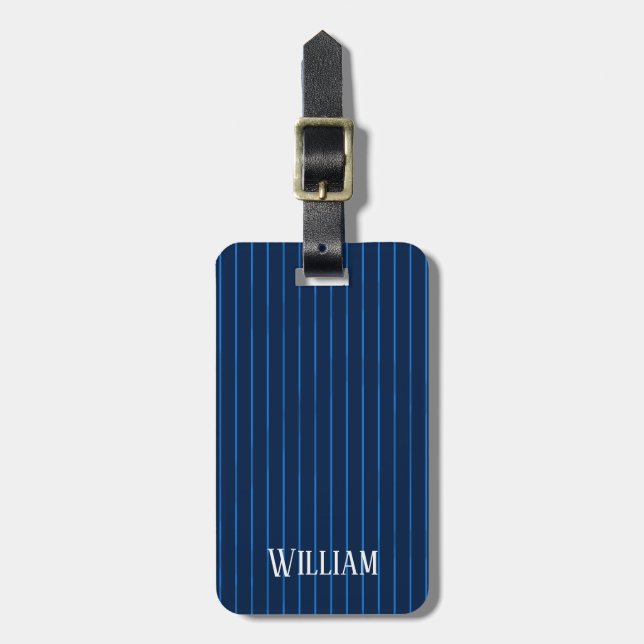 Personalised navy blue pinstripes luggage tag (Front Vertical)