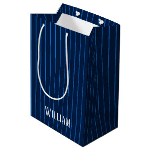 Personalised navy blue pinstripes medium gift bag