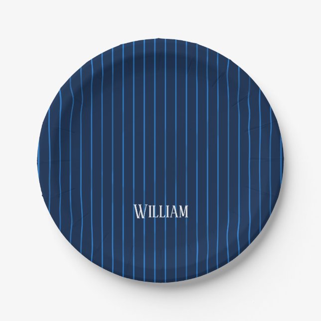Personalised navy blue pinstripes paper plate (Front)