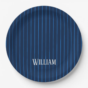 Personalised navy blue pinstripes paper plate