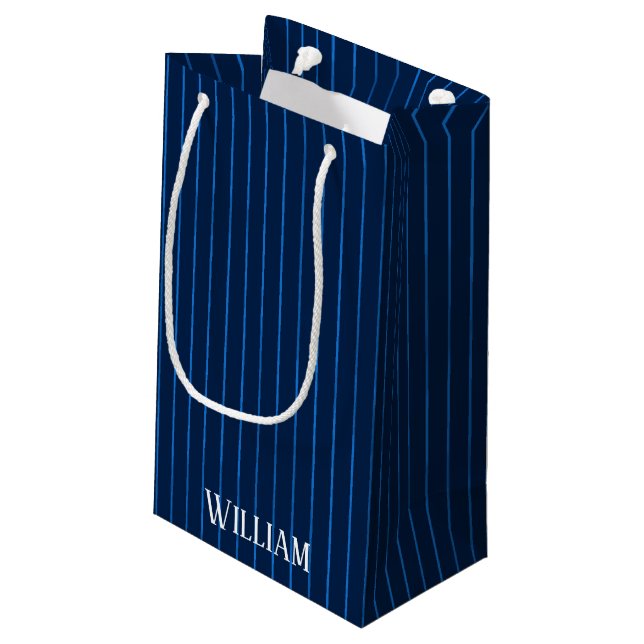 Personalised navy blue pinstripes small gift bag (Back Angled)