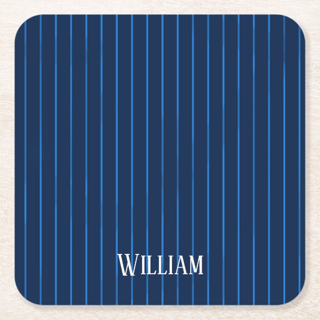 Personalised navy blue pinstripes square paper coaster (Front)