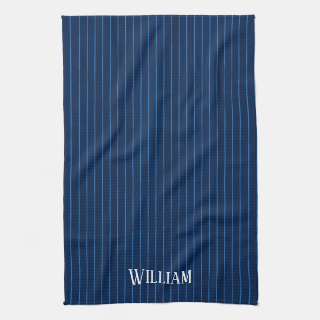 Personalised navy blue pinstripes tea towel (Vertical)
