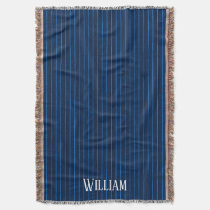 Personalised navy blue pinstripes throw blanket