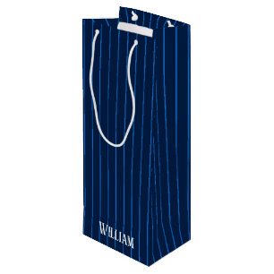 Personalised navy blue pinstripes wine gift bag