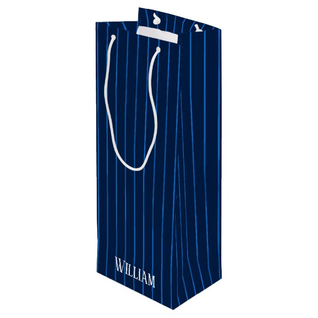 Personalised navy blue pinstripes wine gift bag (Back Angled)