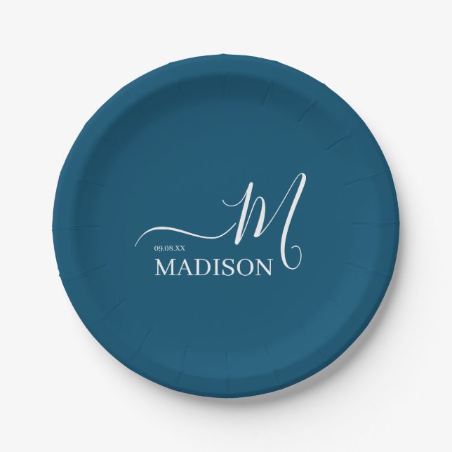 Personalised Navy Blue Signature Family Name  Paper Plate (Front)