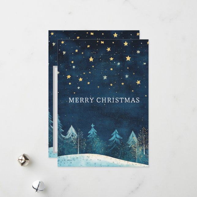 Personalised Navy Blue Snowy Night Sky Christmas  Holiday Card (Front/Back In Situ)