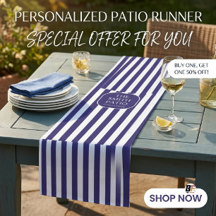 Personalised Navy Blue Striped Outdoor Patio Medium Table Runner