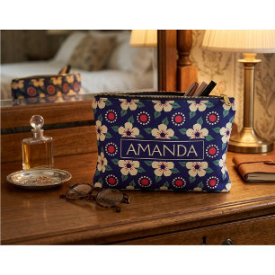 Personalised Navy Blue Vintage Floral Accessory Pouch